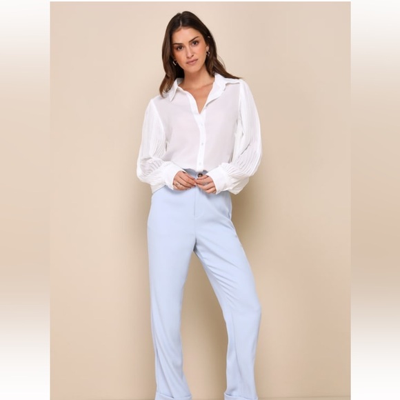 NWT Lulus Successful Poise White Pleated Sleeve Button-Up Top - Picture 2 of 4